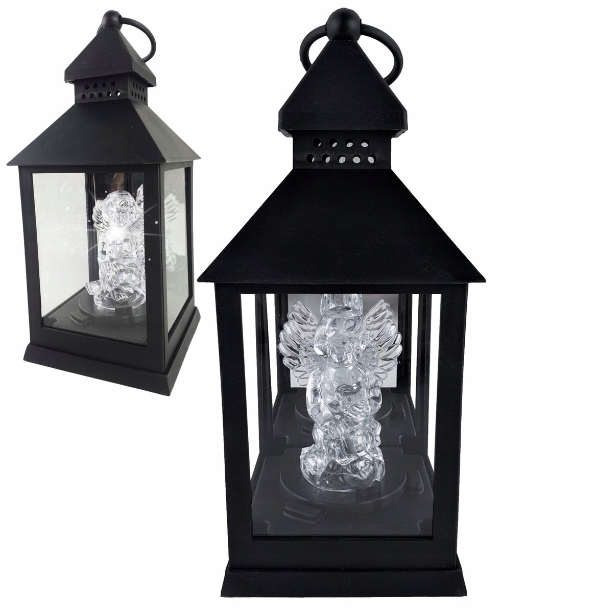 Zwarte LED-lantaarn met engel voor graf - 23,5 cm