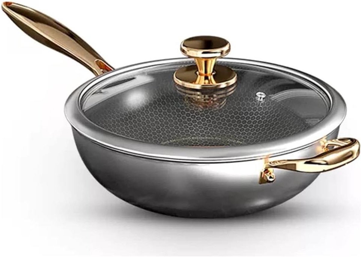 Roestvrijstalen Wokpan - Sautepan Diep - Gezond Koken - Antibacteriële Constructie - 34 cm - Zilver