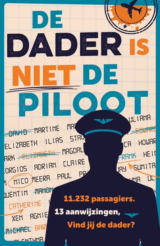 Poster met de tekst 'DE DADER IS NIET DE PILOOT' en een schaduw van een piloot met een pet. Achtergrond met namen van passagiers.
