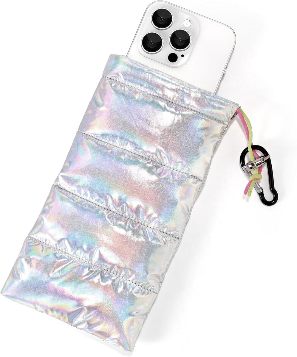 Telefoonhoesje, 19x10,5cm Thermische Mobiele Telefoonhoes van Donskatoen met Trekkoord en Karabijnhaak voor Oververhittings en Bevriezingsbeveiliging(Iriserend Zilver)