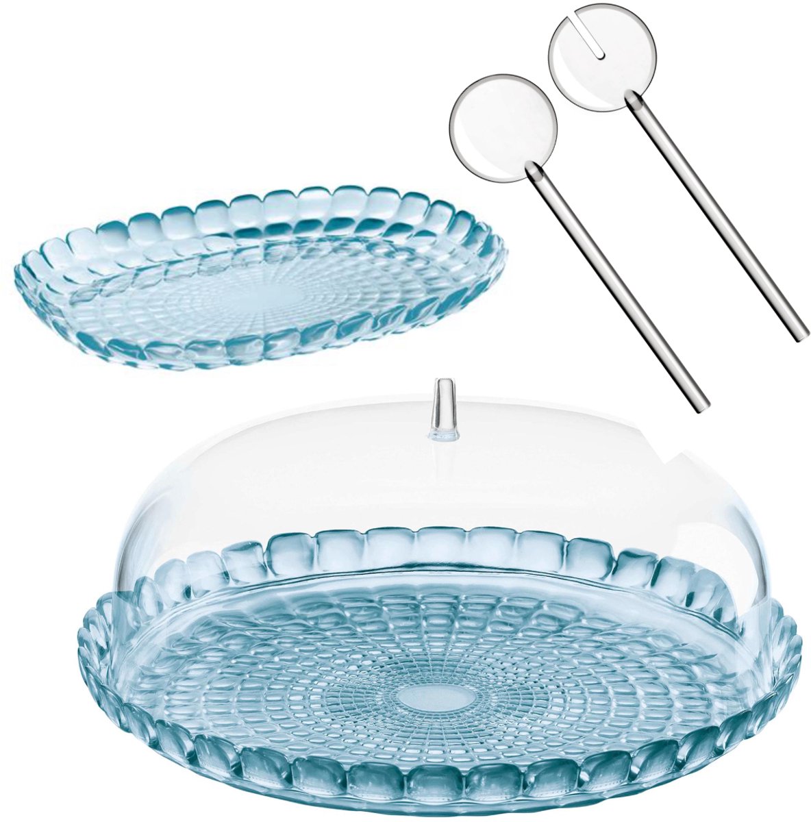 Guzzini Tiffany Set 3-delig – Taartplateau met Stolp, Slabestek & Serveerblad – Kunststof, Transparant Blauw & Transparant – Voor Tafel & Feestelijke Momenten – Vaatwasserbestendig & BPA-vrij – Made in Italy