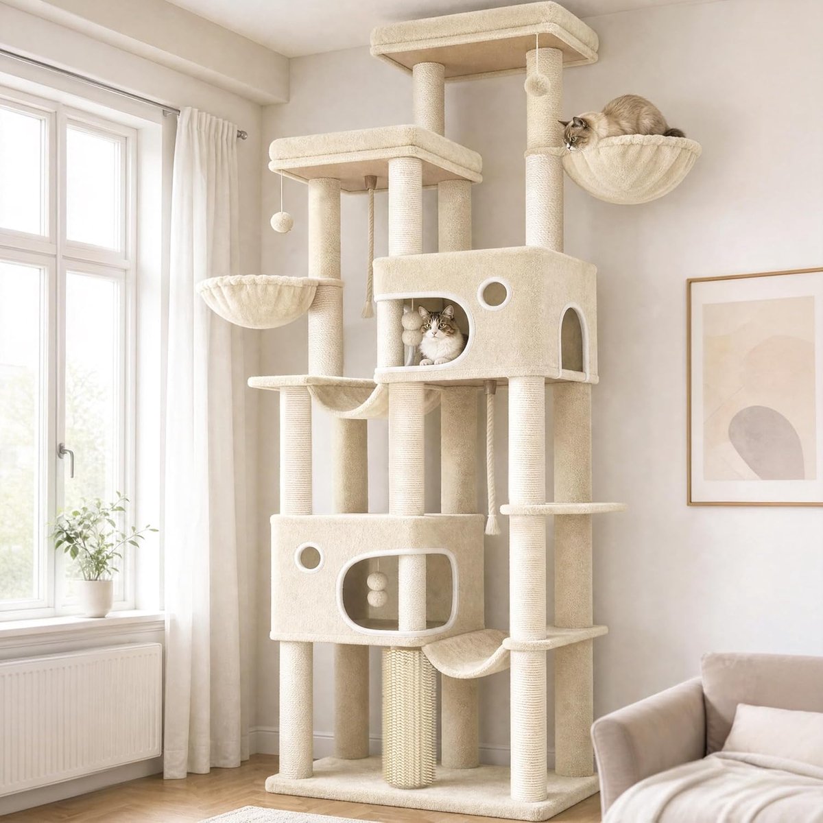 Hzuaneri krabpaal, 213 cm XXL kattenboom, 2 extra grote platformen, 2 grote holletjes, 10 krabstammen, 2 hangmatten, mand, kattenborstels, pompons, Geschikt voor Maine Coon katten, Beige