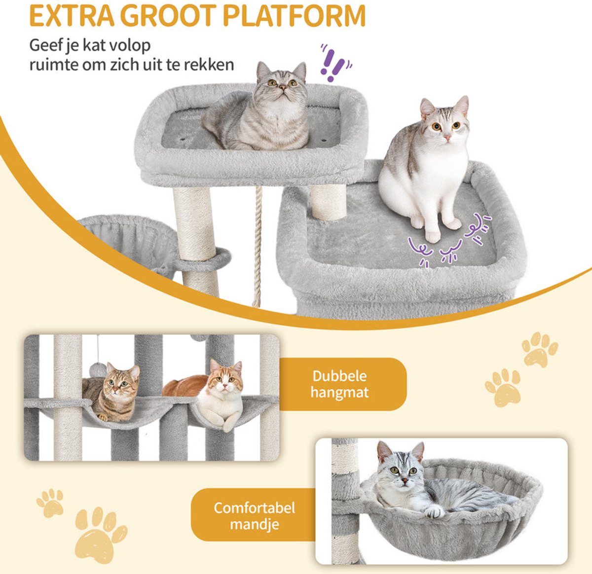 Hzuaneri Krabpaal, 185 cm XL Krabpaal met 10 krabpalen, 2 holen, 2 hangmatten, groot platform, kattenborstels, mandje, robuuste krabpaal voor Maine Coons en grote katten, lichtgrijs thumbnail 6