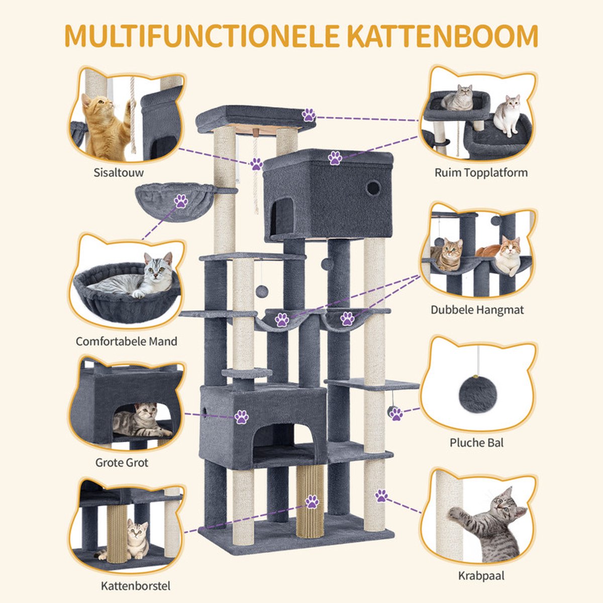 Hzuaneri krabpaal, 185 cm XL krabpaal met 10 krabpalen, 2 manden, 2 hangmatten, groot platform, kattenborstels, mand, robuuste krabpaal voor Maine Coons en grote katten, donkergrijs thumbnail 6