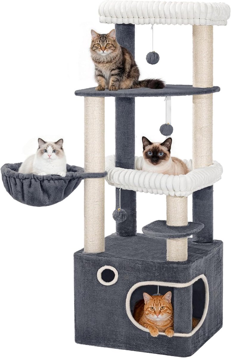 Hzuaneri krabpaal, 151 cm hoog, met 6 krabpalen, 1 groot kattenhuis, 3 grote platforms, een kattenmand en 3 pluche ballen. Krabpaal met meerdere verdiepingen, donkergrijs