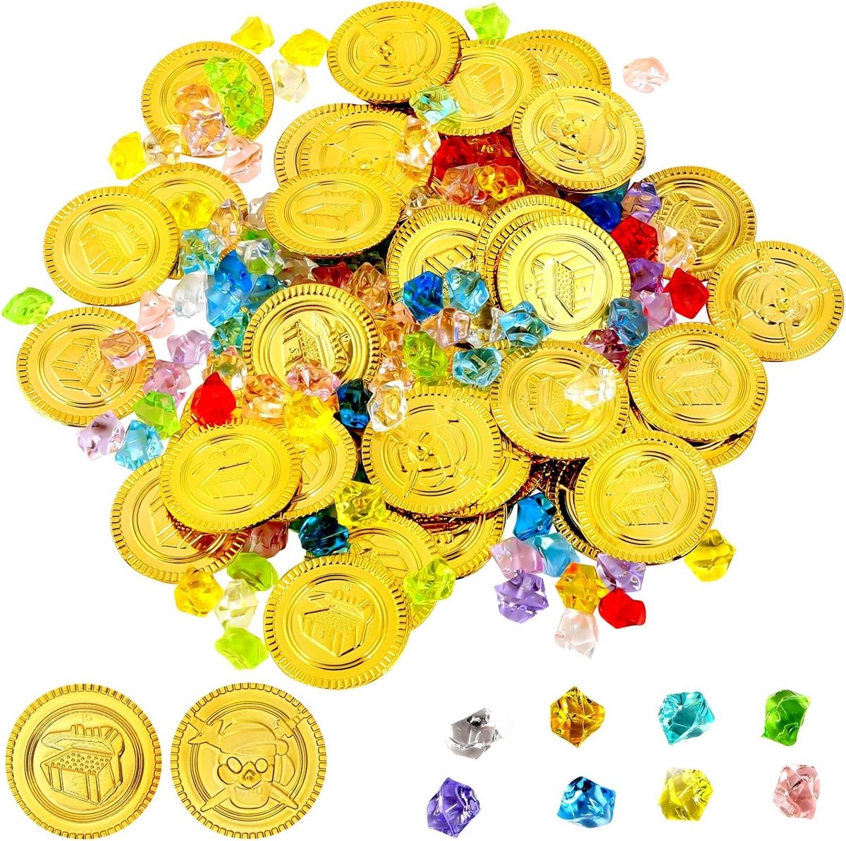 Piraten Schatjacht Set met 150 Stukken, 100 Nepgems en 50 Plastic Gouden Munten voor Kinderen, Perfect voor Halloween en Feestjes