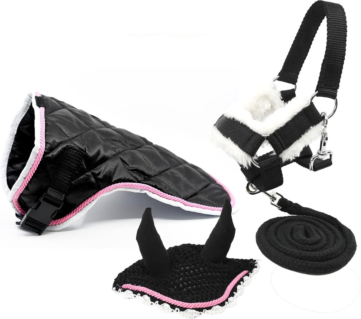 Accessoires Set voor Paarden - Zwart - Moumoute Halster met Lanyard Cover + Vliegenmuts - Voor Paardrijden