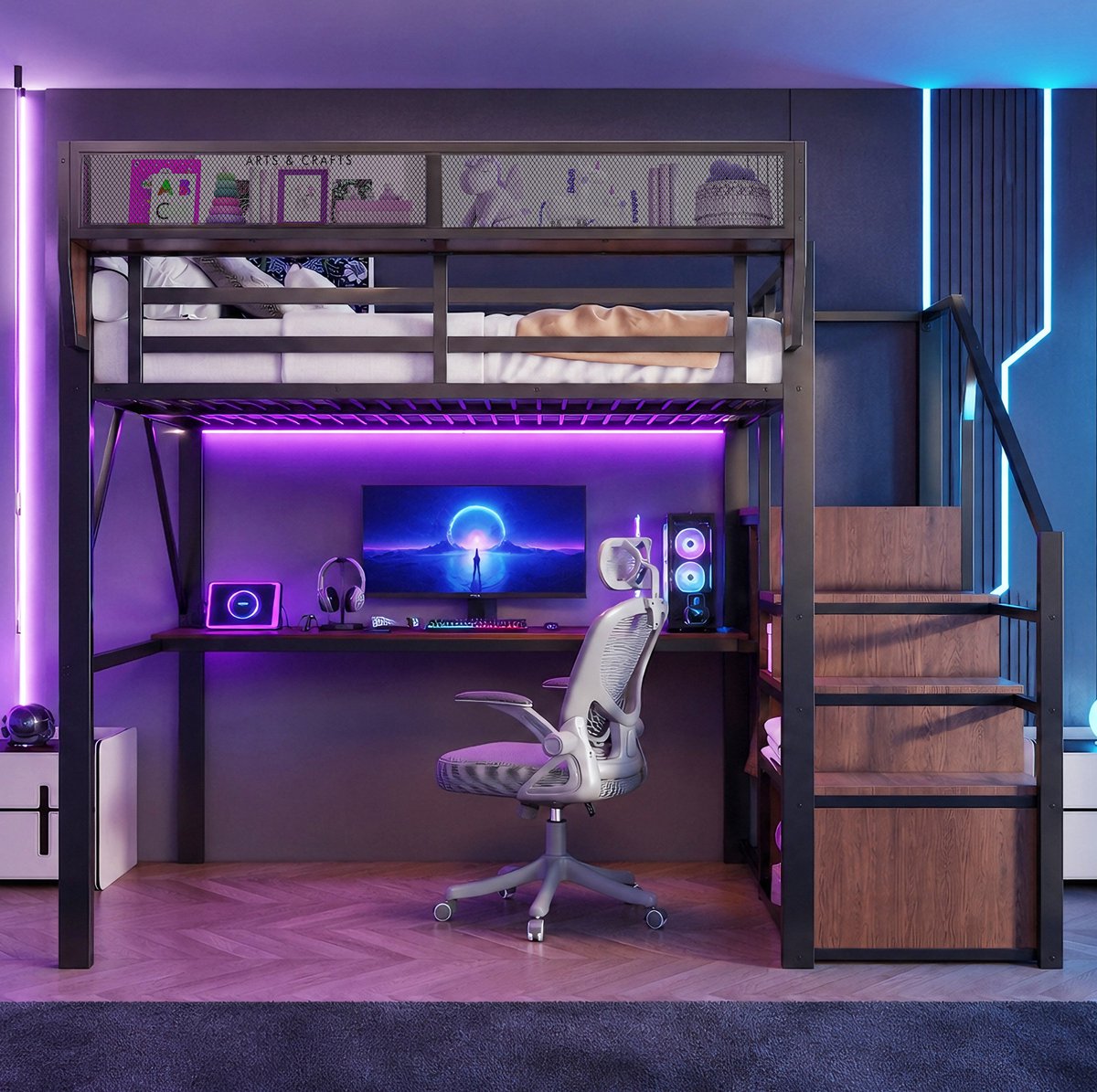 MIVRAY Hoogslaper 140x200 cm Zonder Matras - Met Bureau En Verstelbare Opbergruimte - Met Ledverlichting En Veiligheidsladder - Metaal En MDF - Zwart