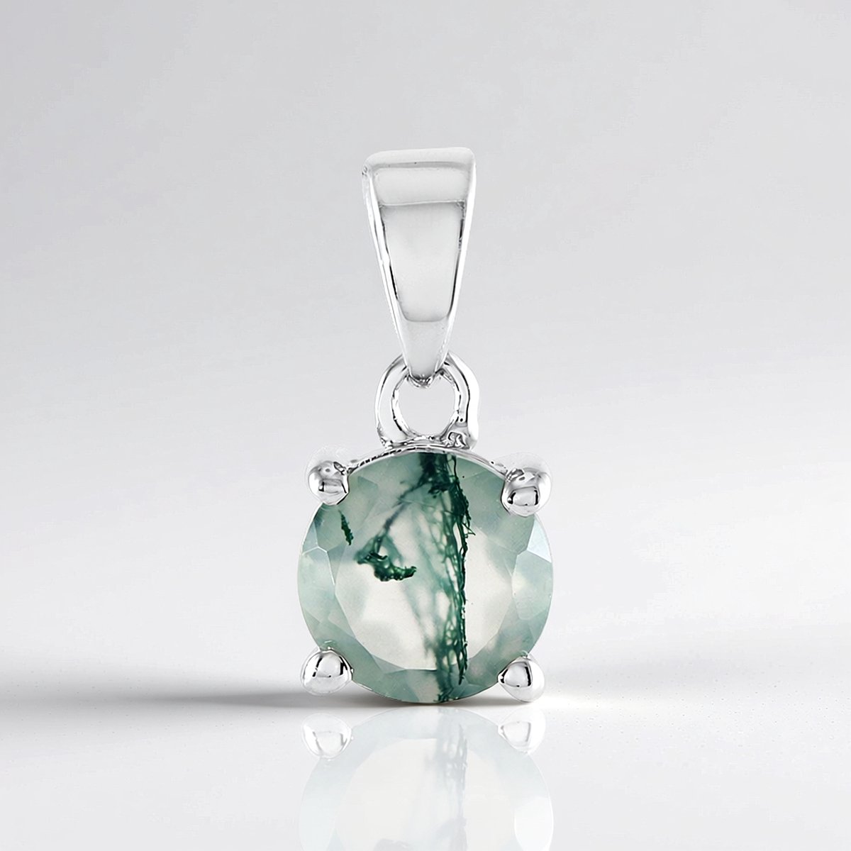 Cavill - Elegante Ronde Mosagaat Hanger - 925 Sterling Zilver - Platina Verguld - 1,004 Ct Braziliaanse Edelsteen - Subtiel & Natuurlijk