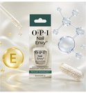 O.P.I. Nail Envy nagelverharder verpakking omringd door moleculaire structuren, druppels en een capsule met pillen.