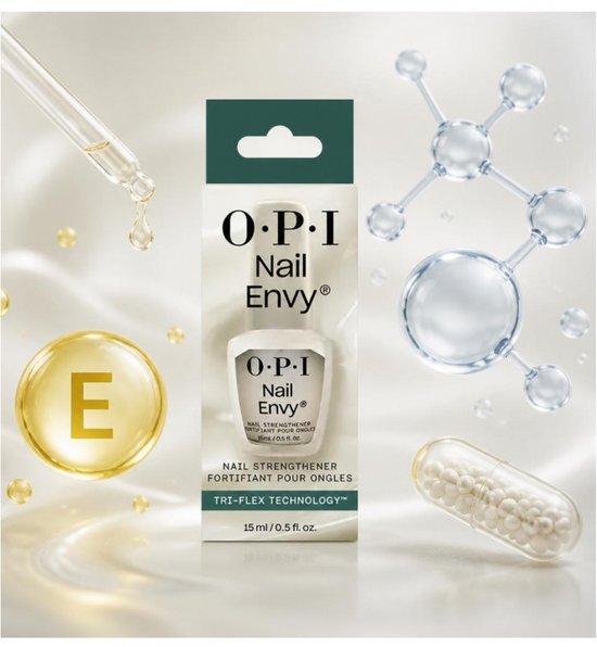 O.P.I. Nail Envy nagelverharder verpakking omringd door moleculaire structuren, druppels en een capsule met pillen.