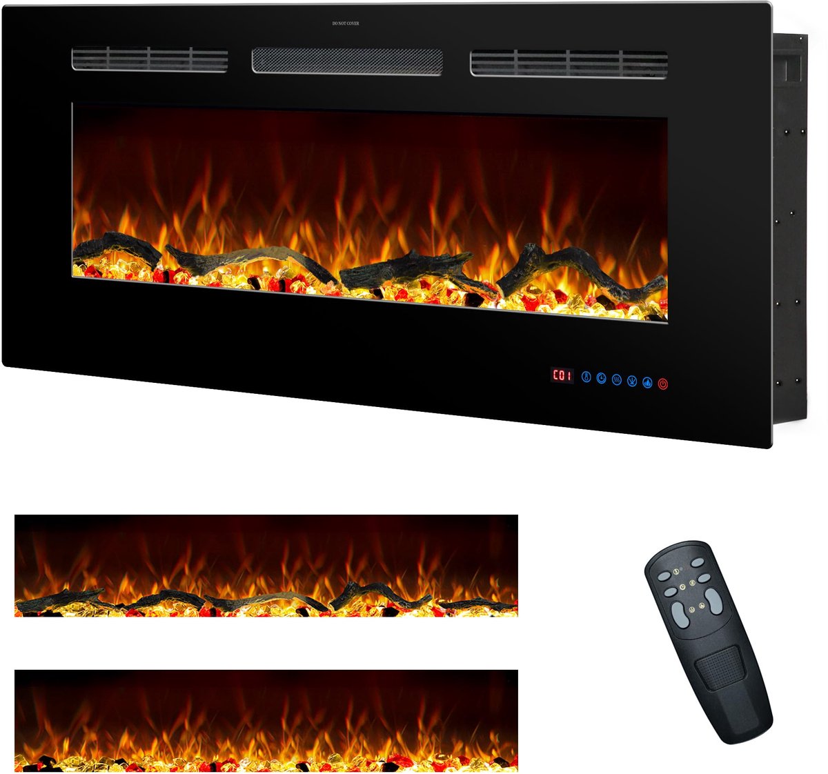 SnelShoppen - Rodalflame Elektrische Open Haard - Inbouw- en Wandhaardverwarming voor Binnen met Afstandsbediening - 13 Kleurvlammen met Hout en Krist