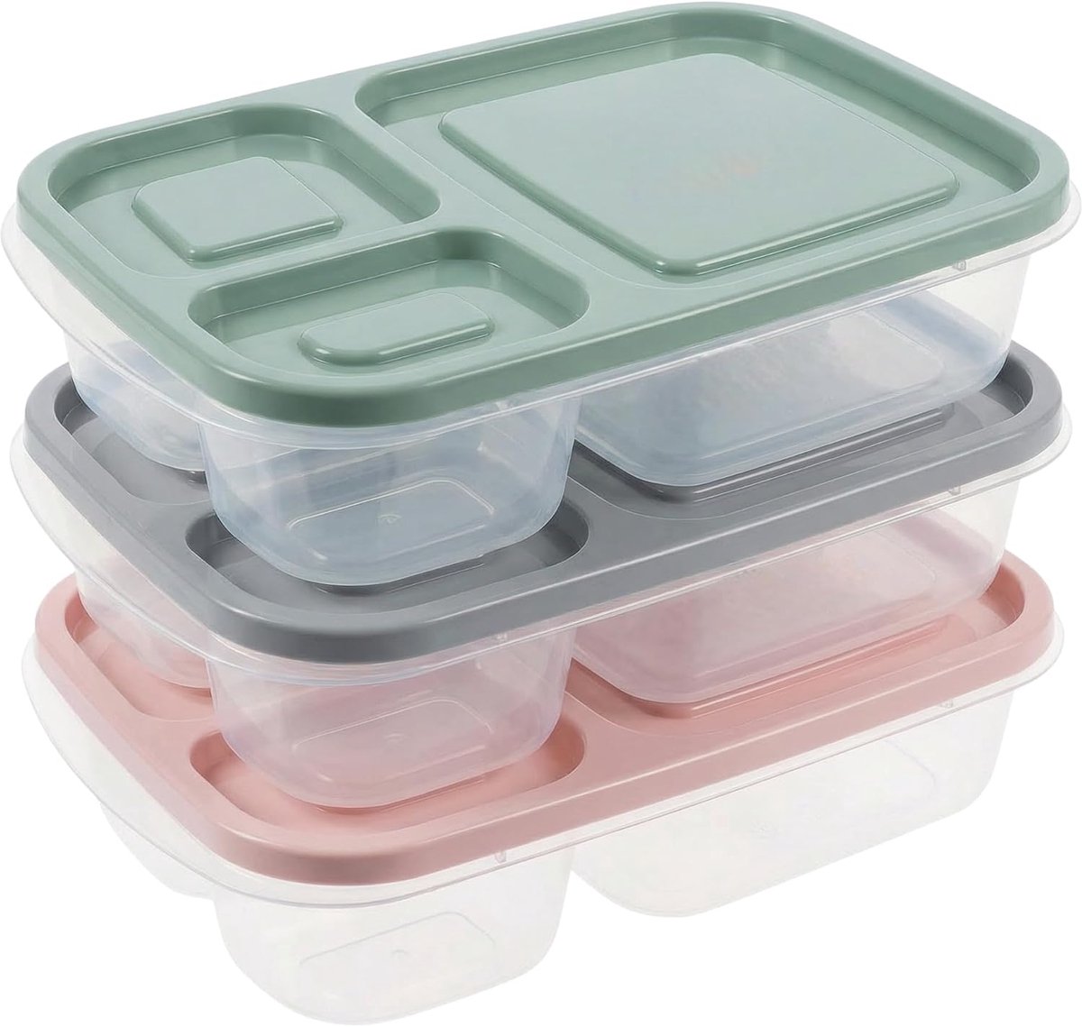 SnelShoppen - Lunch Box Set van 3 Met 3 Compartimenten en Deksel, Bento Box voor Volwassenen en Kinderen, Voedselcontainers van Plastic, BPA-vrij, Kle