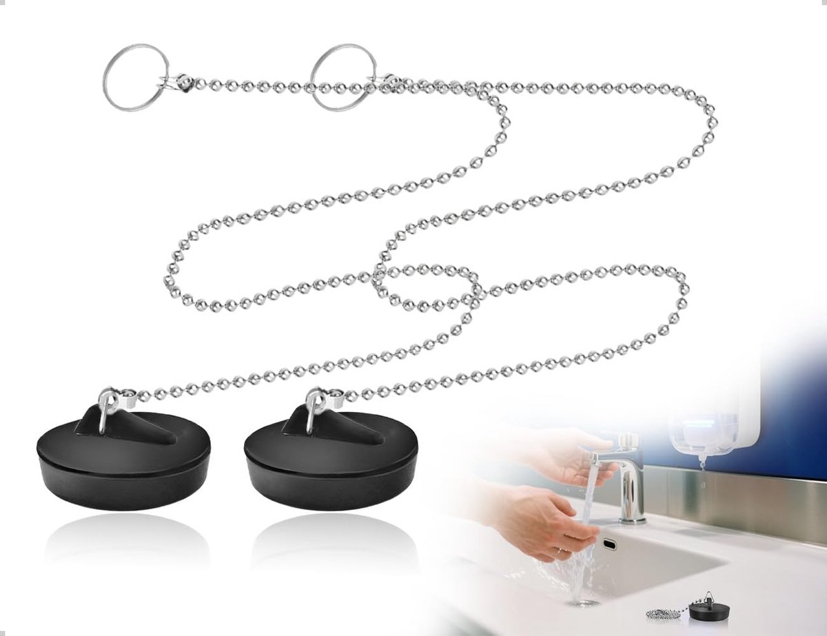 SnelShoppen - Drain Stoppen Set van 2 Stuks voor Wastafel Badkuip met Ketting Rubber Stopper voor Keuken en Badkamer (Zwart)