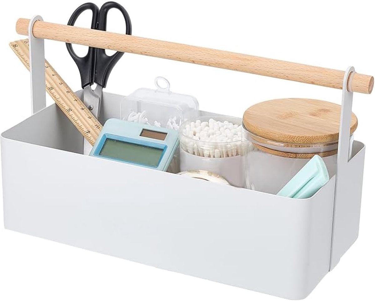 SnelShoppen - Houten Handvat Opbergmand Draagbare Caddy Cosmetische Opbergdozen Rechthoekige Manden voor Toilettas Make-up Douche Schoonmaakbenodigdhe