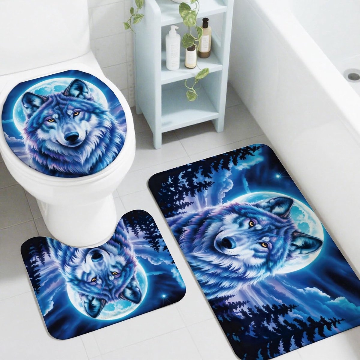 SnelShoppen - Peacoblue Wolf Badmatten Set 3 Stuks met Antislip Badtapijt, Wc-deksel Cover en Contourmatten voor Badkamer, Slaapkamer en Keuken, Wasba