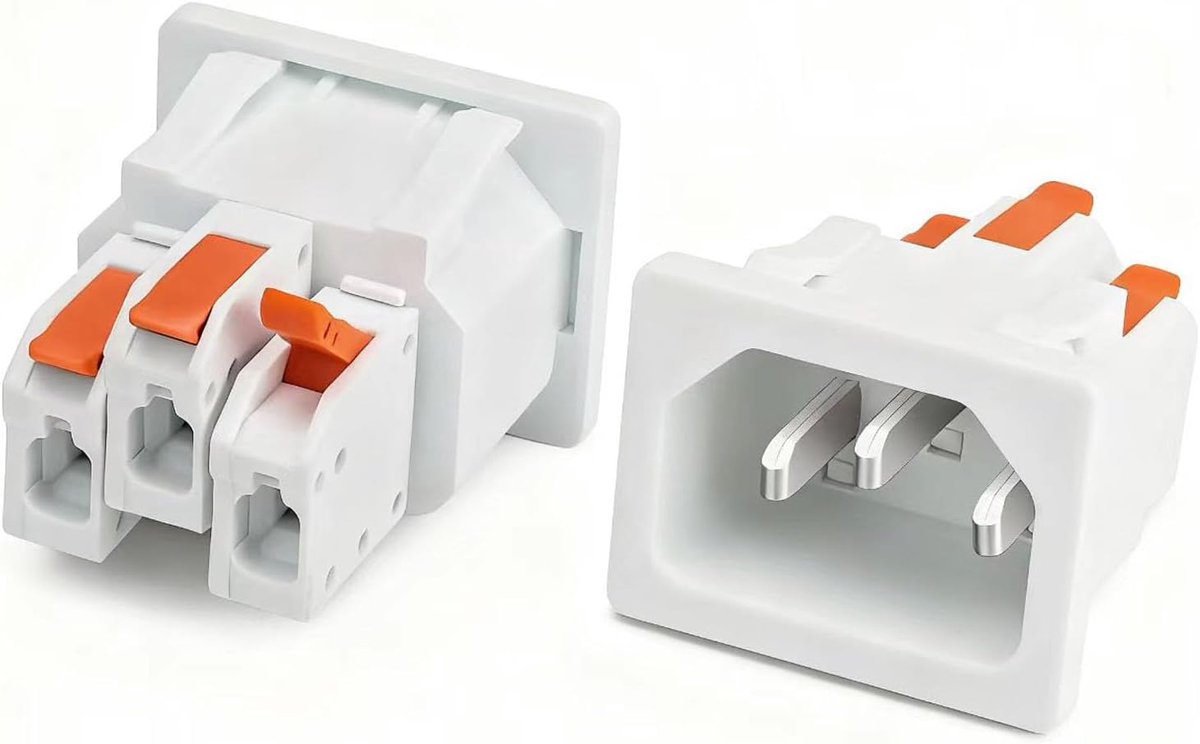 SnelShoppen - Pack van 2 C14 3 Polige Verzonken Stekker voor Koelapparaten, Snap-in/Clip-on (Oranje Handgreep), IEC Koud Bush Flush-Montage, 10 A 250