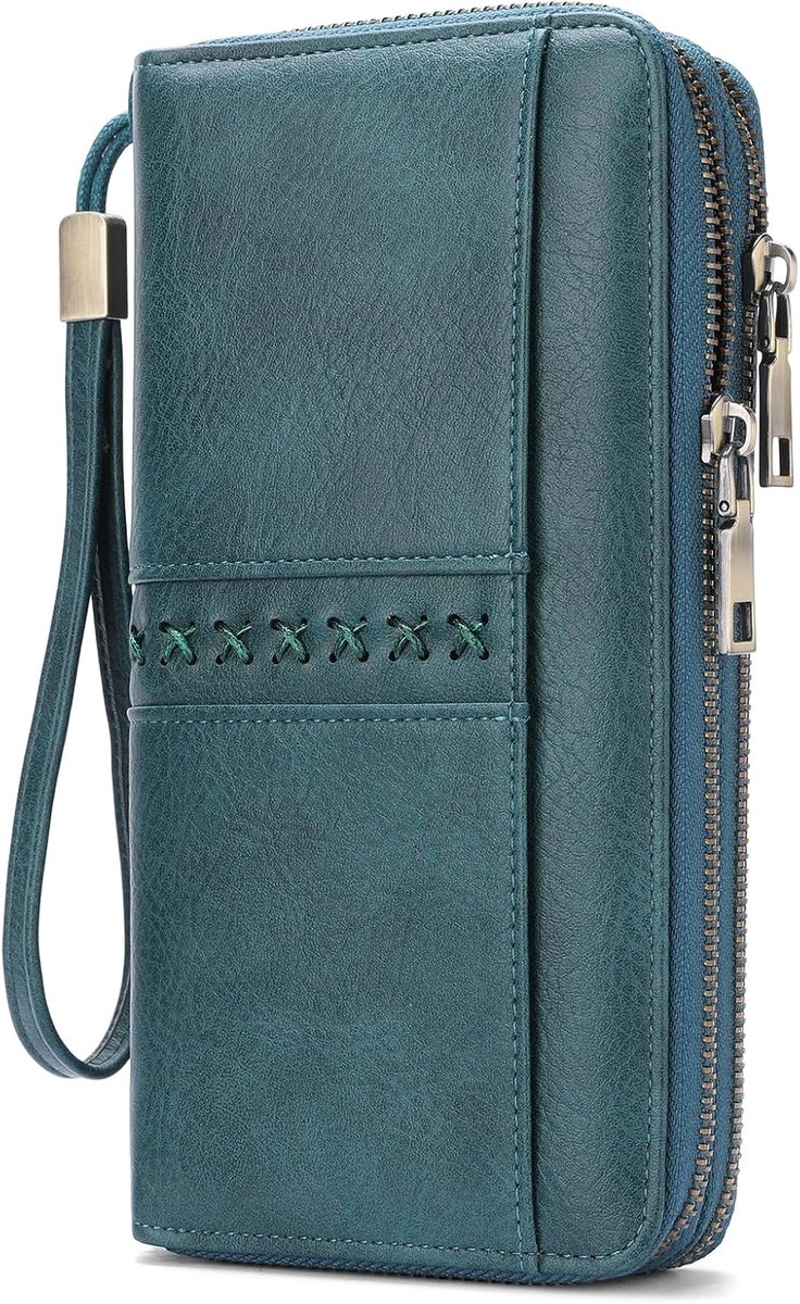 SnelShoppen - Vrouwen Grote Portemonnee met Dubbele Rits, Clutch met Muntvak, Verwijderbare Polsband, 24 Kaartslots, Zeeblauw, Klassiek en Stijlvol
