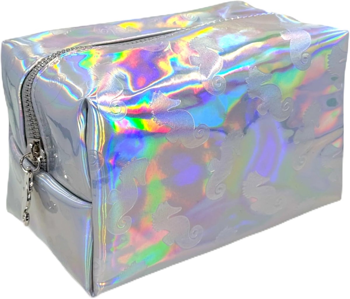 SnelShoppen - Holografische Makeup Tas met Zeepaard Print, 100% Polyester, Wasbaar, 17 x 11 x 10 cm, Modern en Stijlvol, Perfect voor Feest en Dagelij