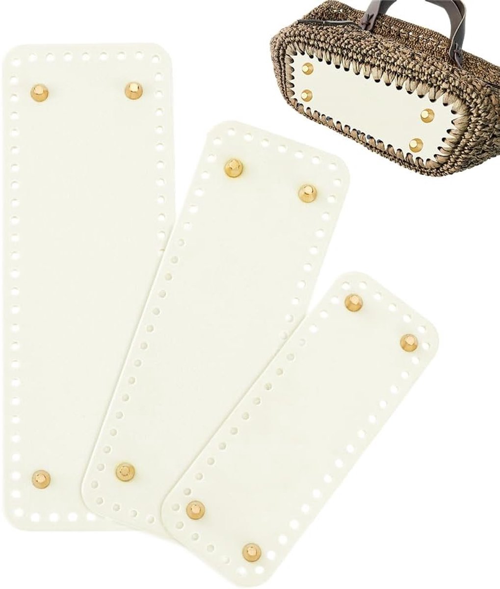 SnelShoppen - 3 Stuks Echte Leren Tasbodem Vormen voor Haakwerk, Witte Rechthoekige Basis met Gaten voor Handtas, Schoudertas, Schoudertassen Maken, 7