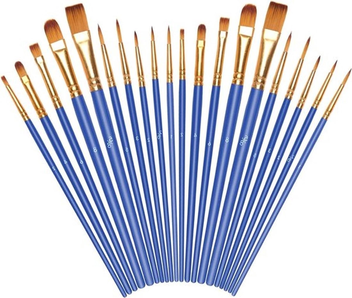 Professionele Kwasten Set van 20 Stuks met Nylon Haren voor Acryl, Olieverf, Aquarel en Gouache Schilderen - Moeder van Parel Blauw