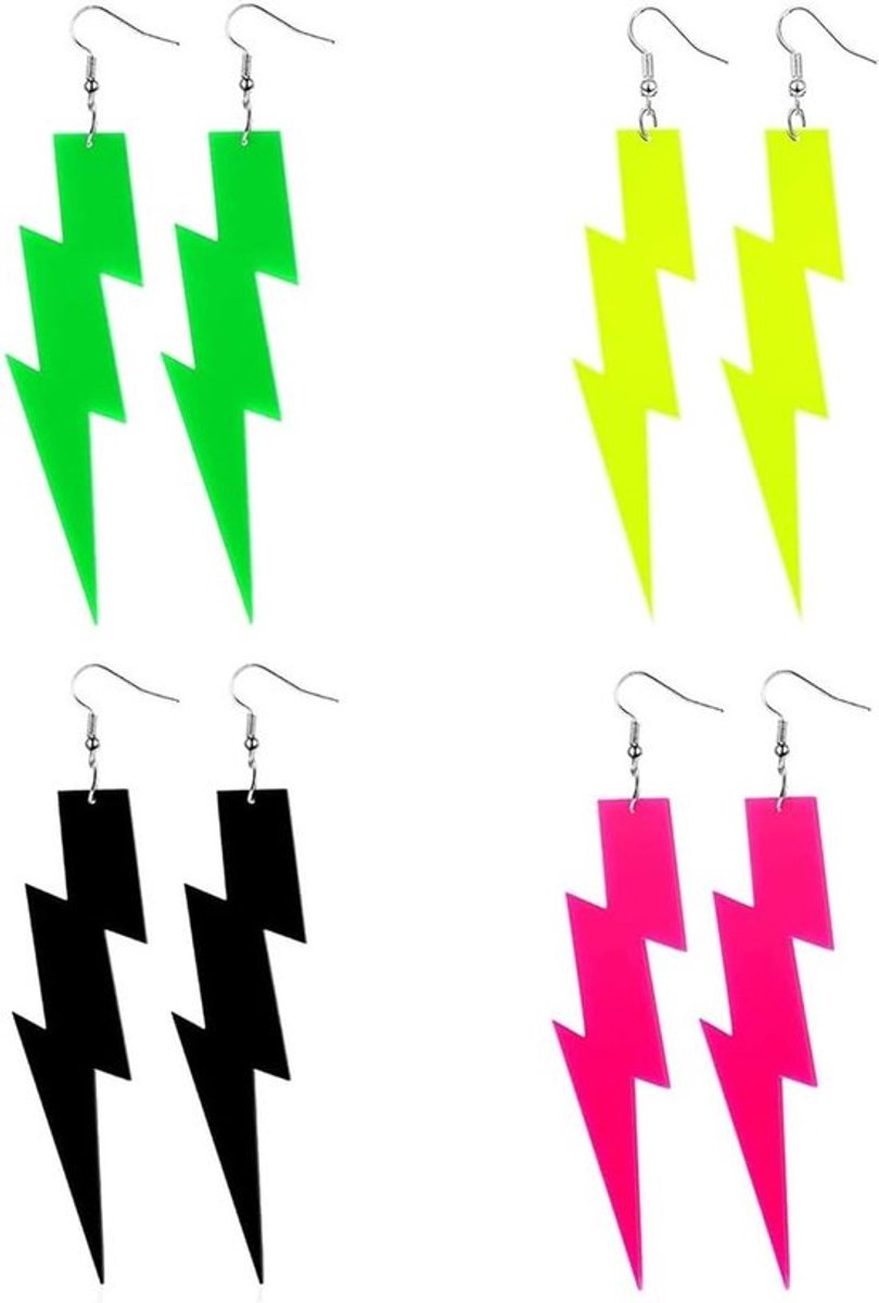 Neon Oorbellen voor Dames - 4 Paar Retro Flash Hangers voor 80s Feest of Kostuum, Hypoallergene Materialen zoals RVS en Titanium