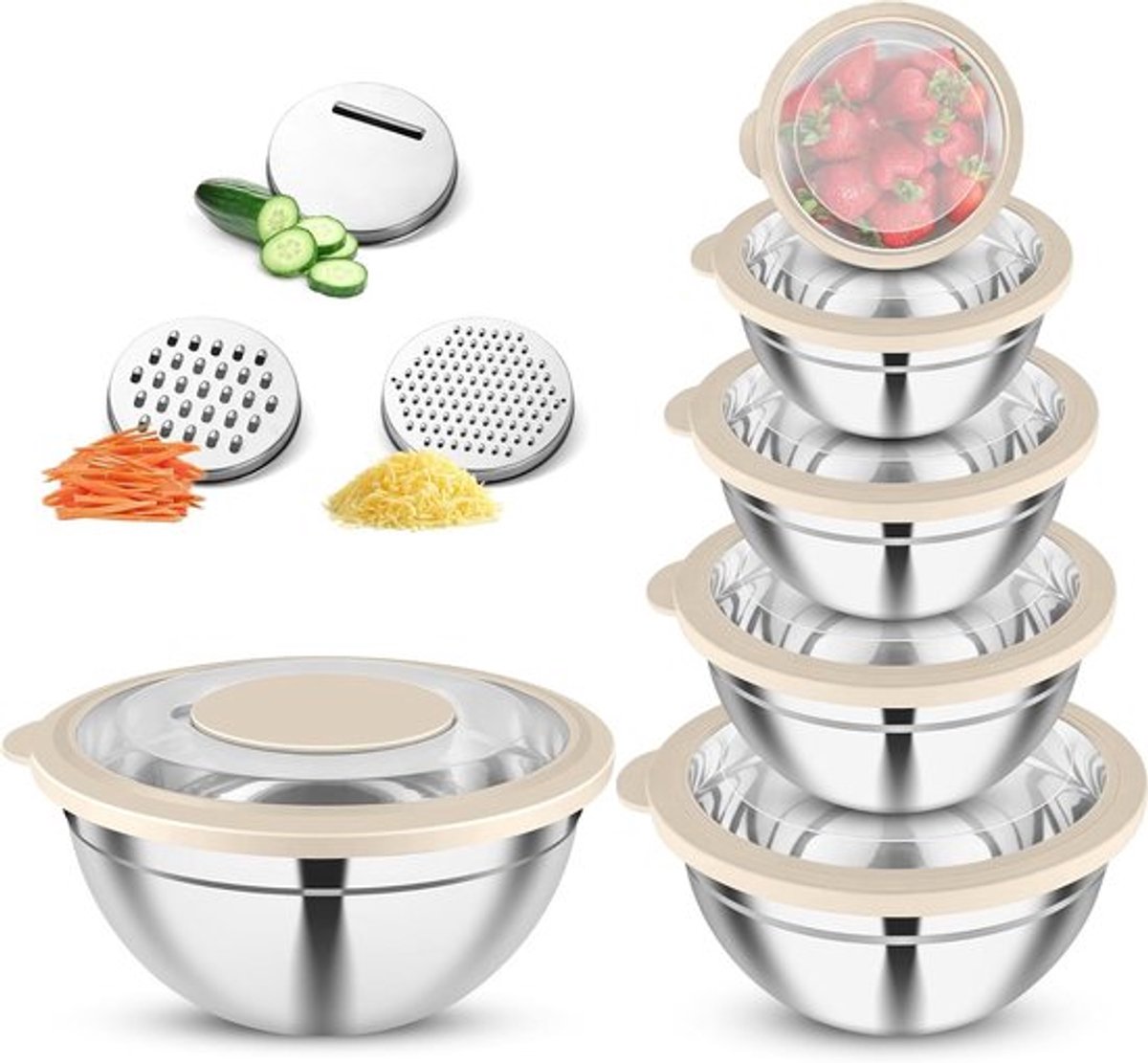 Mixkommen set van 6 stuks, roestvrijstalen kommen met transparante deksel en 3 raspaccessoires, ideaal voor koken, bakken en serveren, stapelbaar en vaatwasmachinebestendig