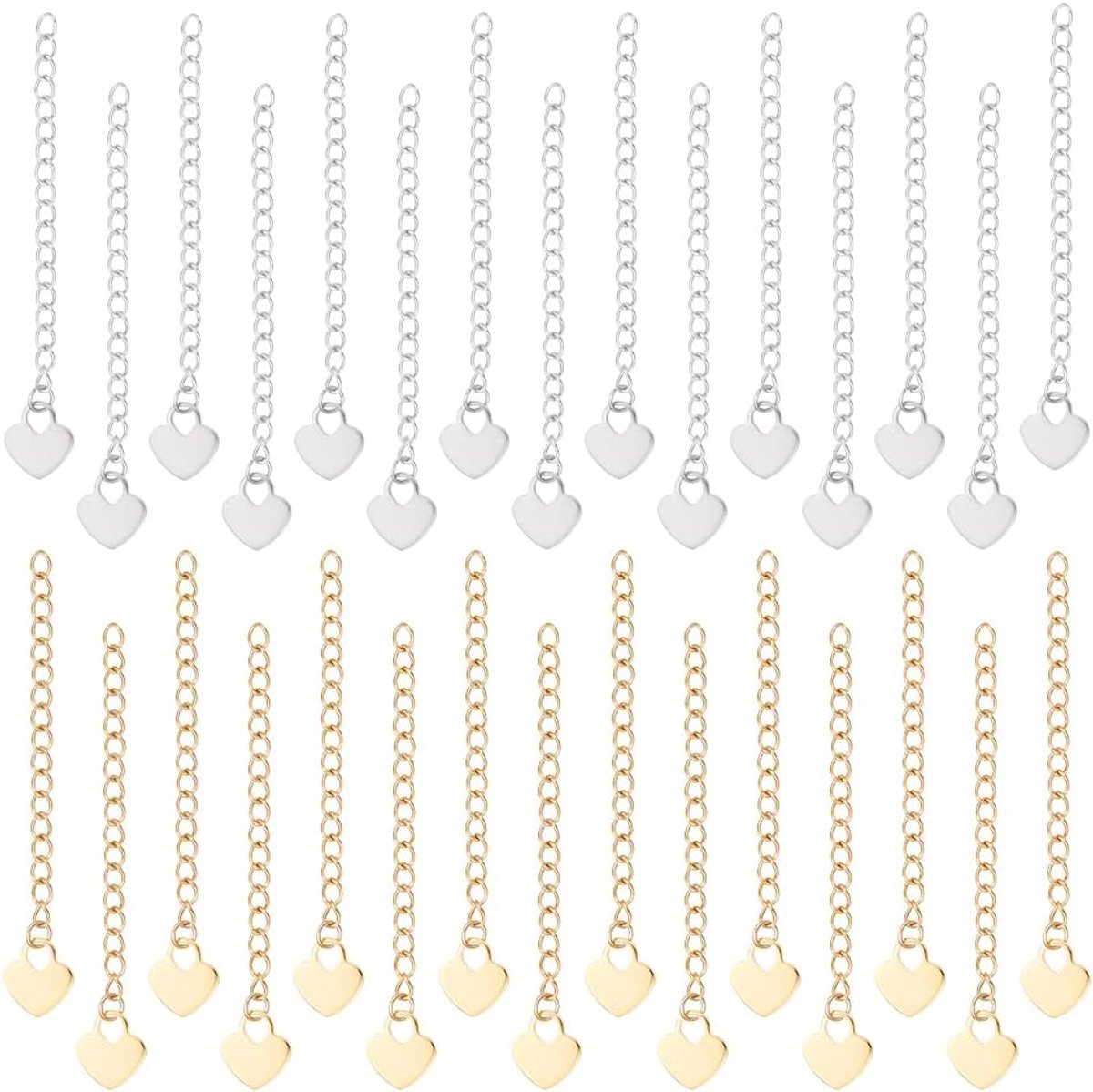 SnelShoppen - 40 Stuks 2 Kleuren 304 Rvs Curb Ketting Verlenging Einde Kettingen met Hart Bedels voor Sieraad Maken, 59~65mm, Ketting, Armband, Enkelb