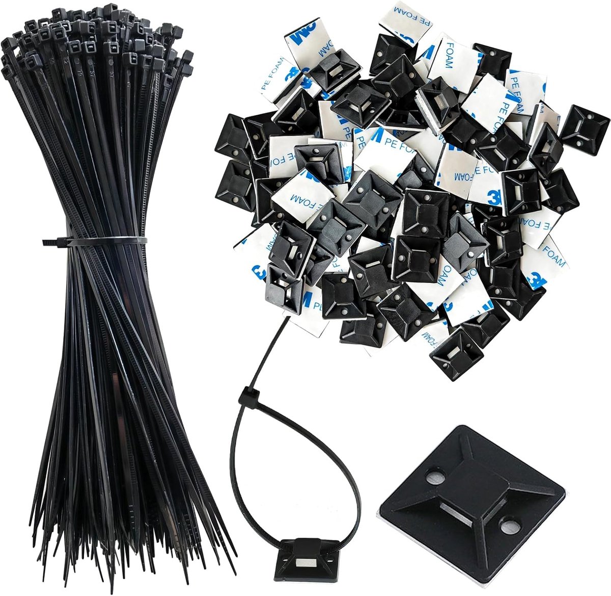 SnelShoppen - Set van 340 Klevende Kabelbinders, 170 Zelfklevende Kabelbinder Bases 19x19mm, 170 Kabelbinders 200x2.5mm, Zwarte Kabelclips, Draadbehee