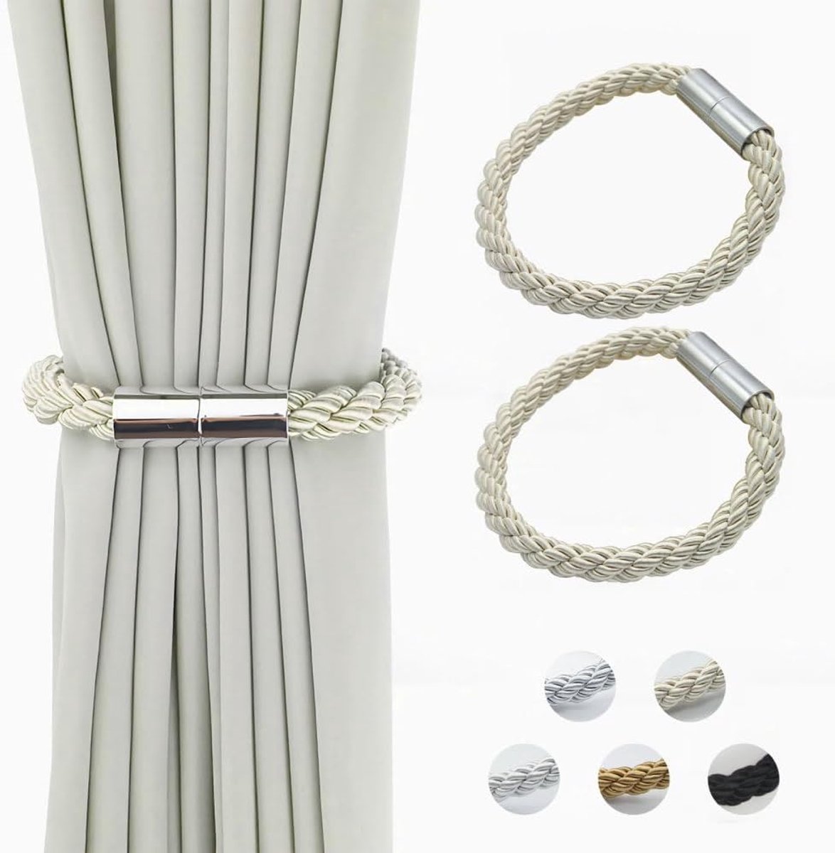 SnelShoppen - 2 Stuks Magnetische Gordijn Tiebacks - Geen Perforatie - Sterke Magnetische Aantrekkingskracht - Weave Touw Drape Holdbacks voor Thuis e