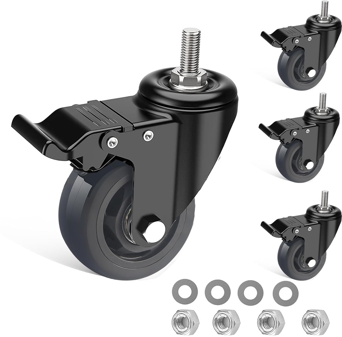SnelShoppen - 4 Stuks Zwenkwielen 75 mm met Rem, Meubelwielen met M10 Schroef, Stevige Transportwielen voor Binnen en Buiten, 360° Rotatie tot 400 kg