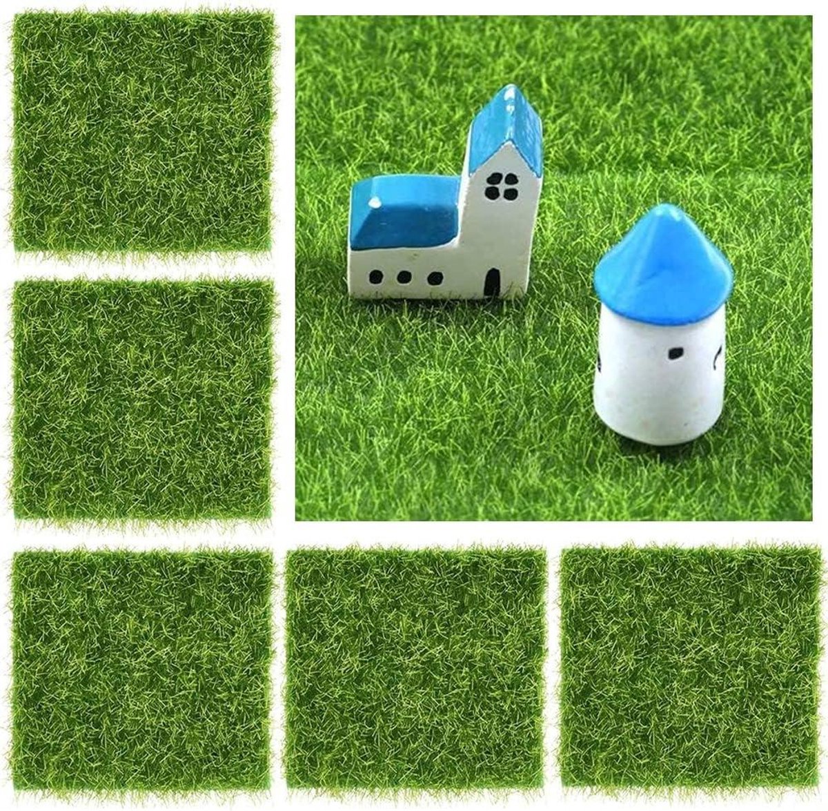 Kunstgras Matten - Mini Gazon - Miniatuur Decoratie - Natuurgetrouwe Kleuren - 5 Stuks 15x15cm - Groenmix