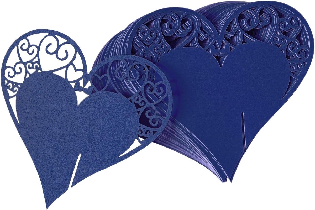 Tafelkarten hartvormig 50 stuks - blauw per stuk - stevige parel papier - perfect voor bruiloften - ShopVlot