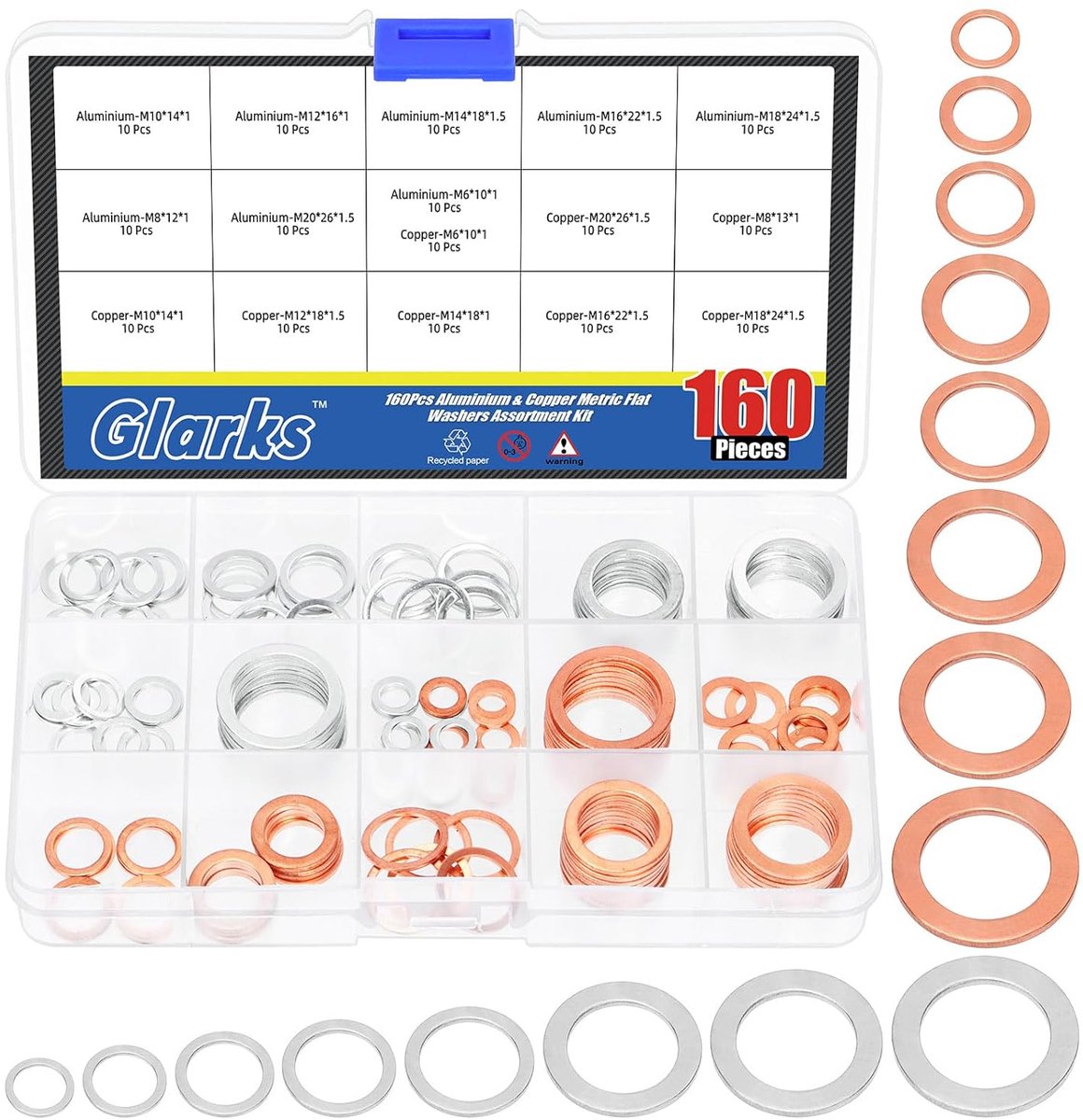 SnelShoppen - 160 Stuks Koper en Aluminium Olie Afvoerplug, Crush Washer Assortiment M6, M8, M10, M12, M14, M16, M18, M20, Koper Crush Washer en Alumi