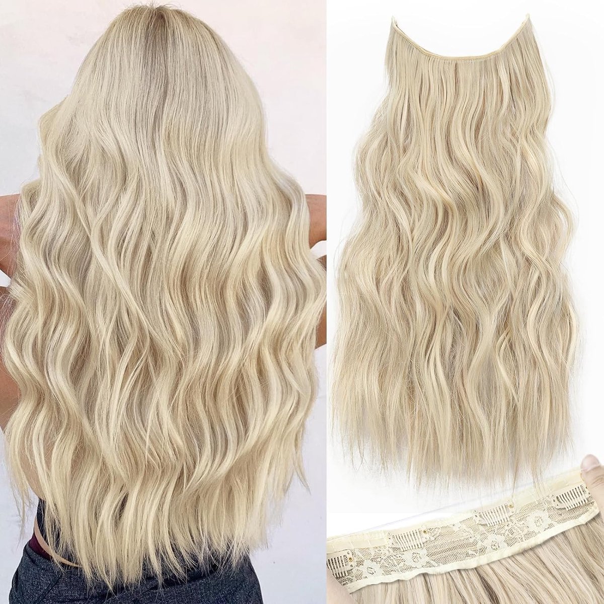 SnelShoppen - Invisible Haarextensions met Draad Lichtbruin Mix Platina Blond 50 cm - Synthetische Curly Haarstuk voor Vrouwen - Verstelbaar en Comfor