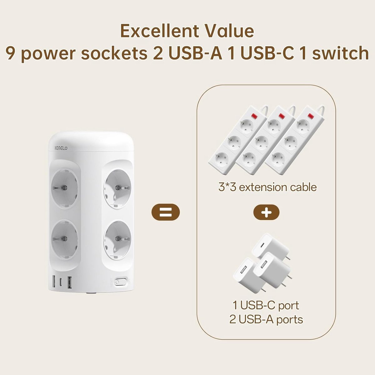 Stekkerdoos met Schakelaar - Wit - 9 Stopcontacten en 3 USB-poorten - Overspanningsbeveiliging - Voor Thuis en Kantoor