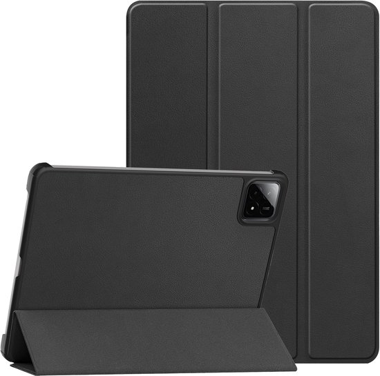 Étui de tablette noir avec fermeture trifold, fonction support et découpe pour appareil photo.