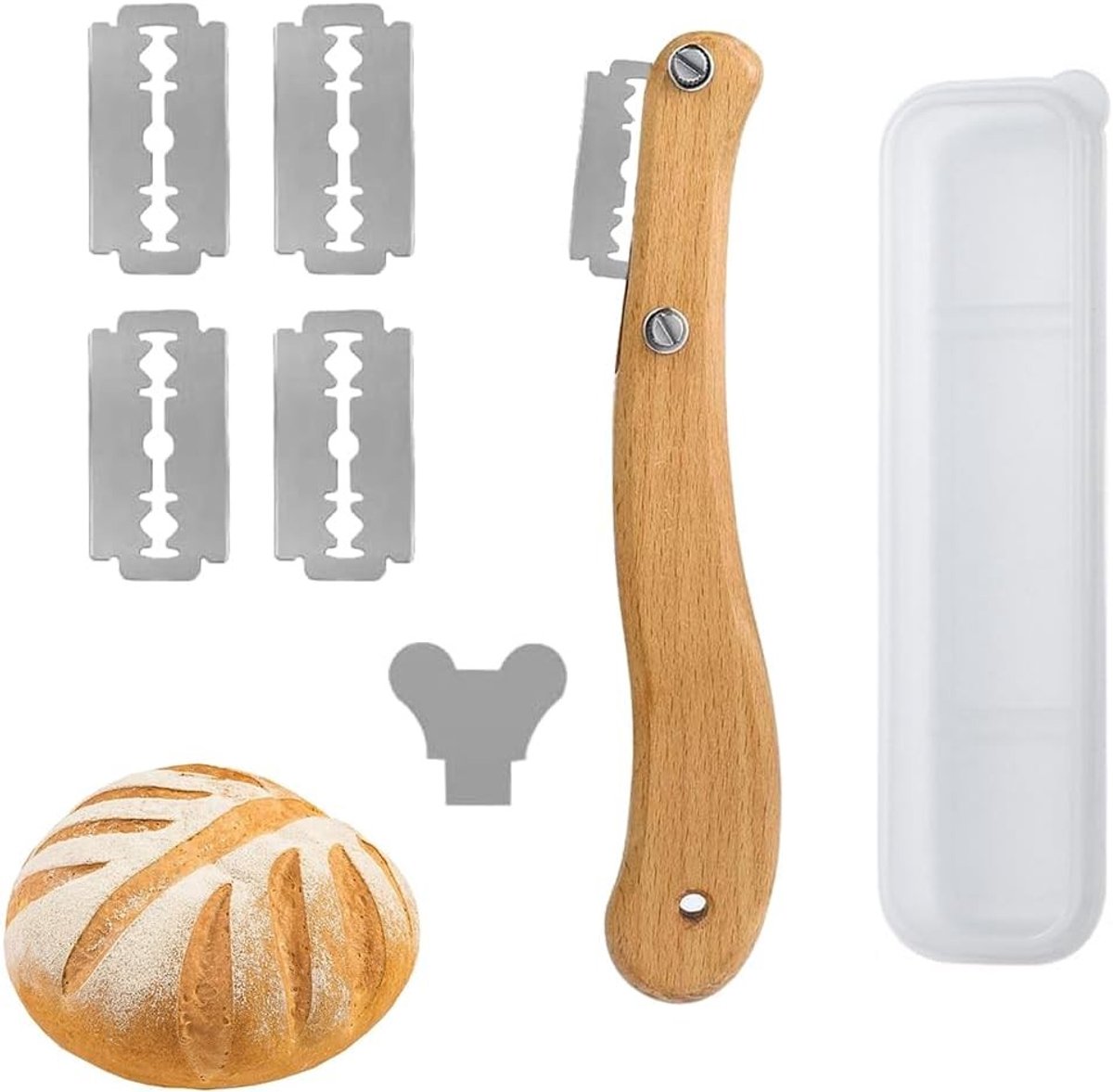 Bakkersmes - Houten Handvat - Met 5 Roestvrijstalen Reservemessen - Voor Brood en Gebak