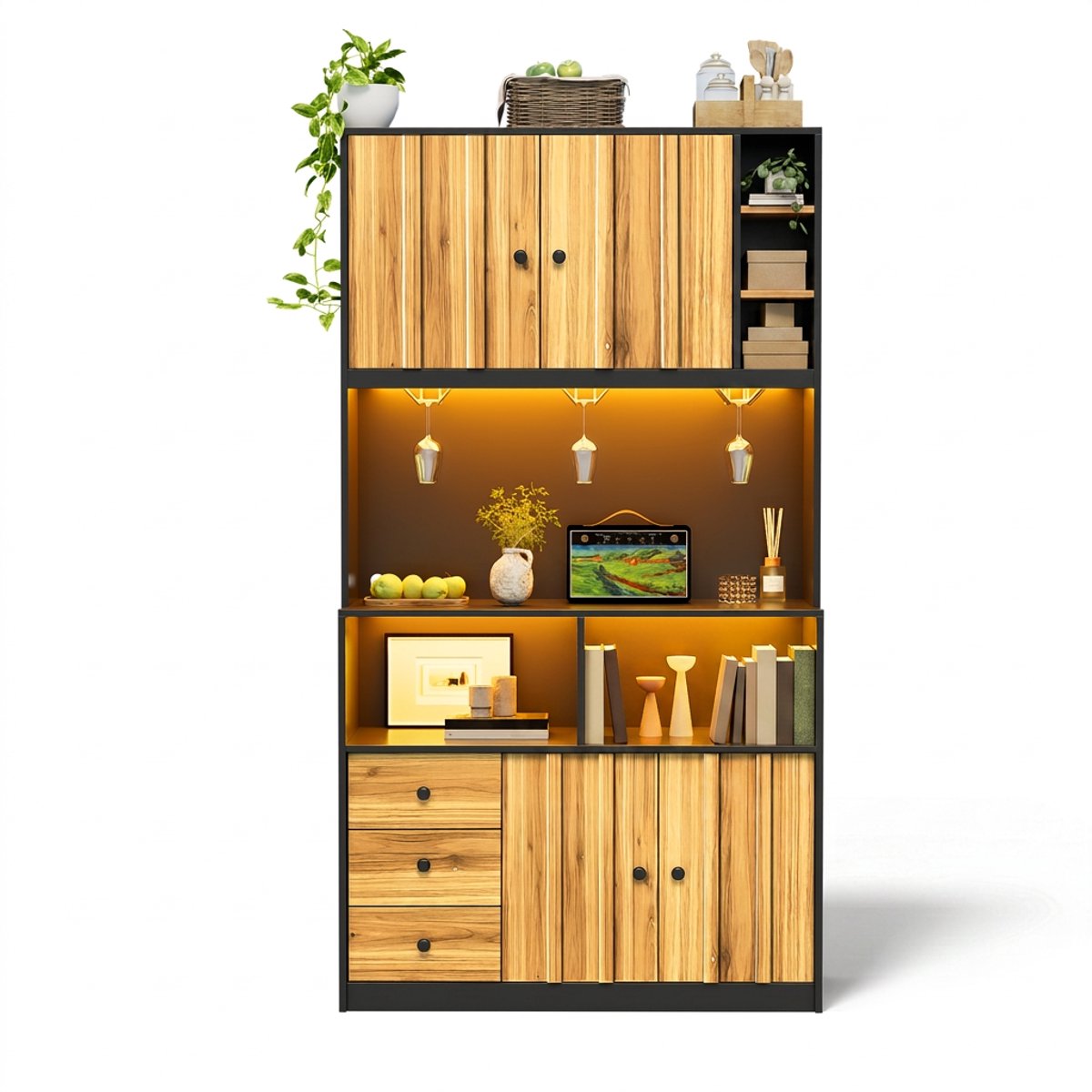 Hoge MDF keukenkast van 180 cm met stopcontact, wijnrek, vitrine en LED – voor keuken en eetkamer