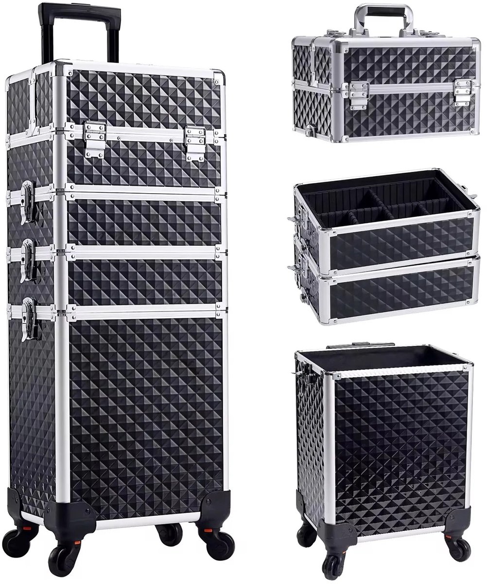 MAXULENE Makeup Trolley - Make up koffer - Visagie koffer - met 8 sloten en sleutels - Beautycase Met Wielen - 4-in-1 Aluminium - Vergrendelbare salonkoffer - 360° Soepel en stille wielen - Zwart - design motief
