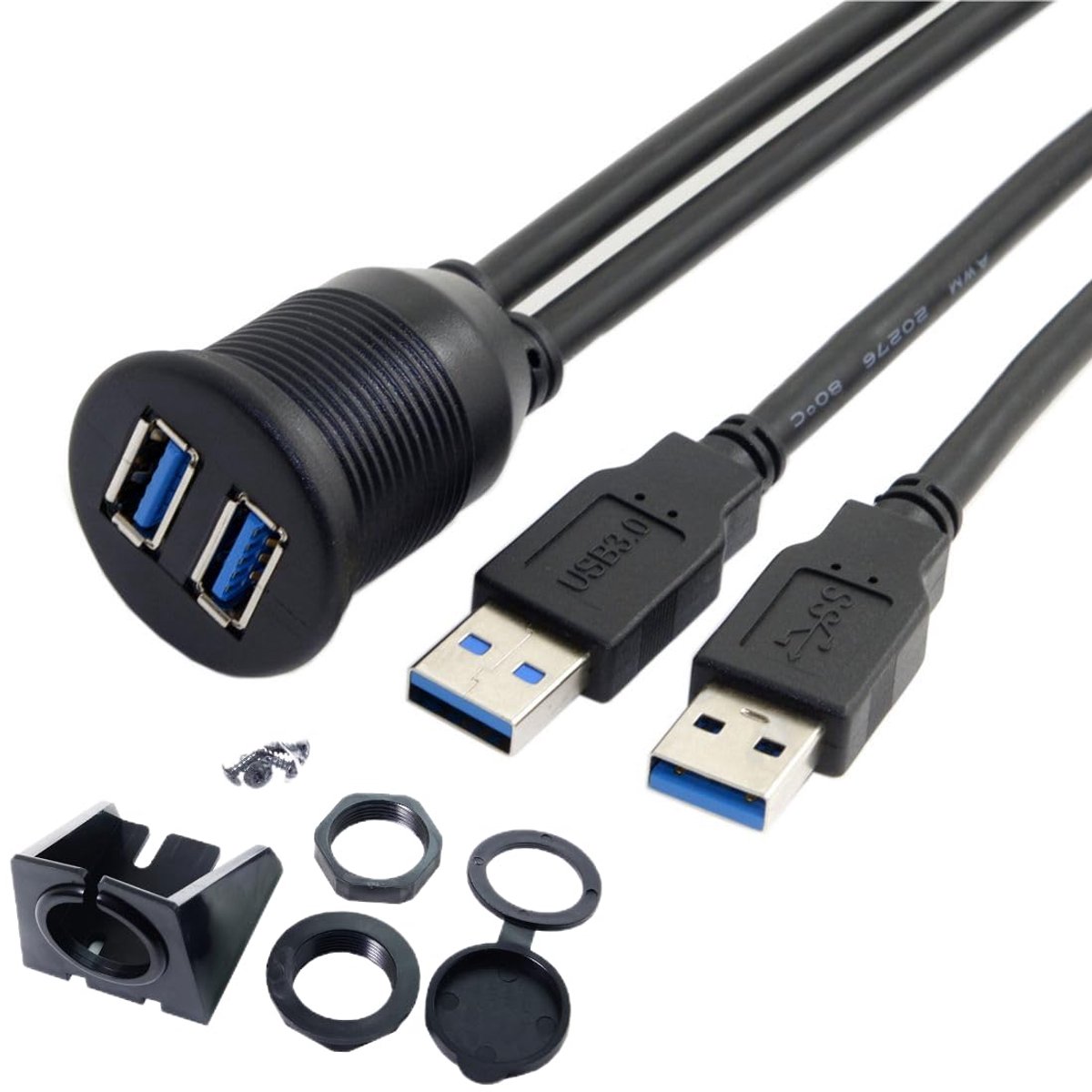 SnelShoppen - 2m Dual USB 3.0 AUX Ingebouwde Auto Mount Verlengkabel voor Dashboard Paneel - Waterdicht, Rubber Cover, Geschikt voor Diverse Toepassin