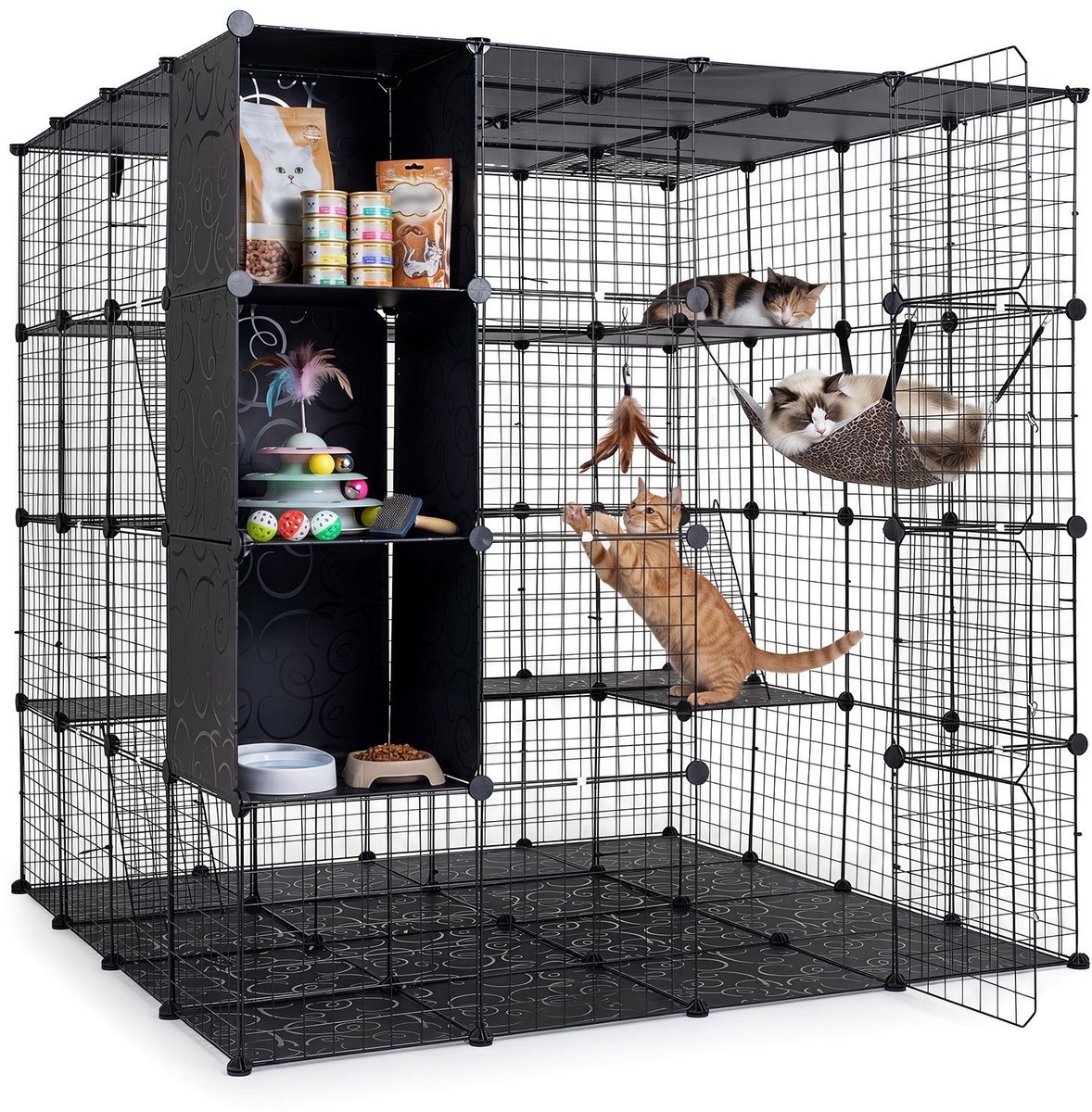 Kattenren - Kattenhuis - Voor buiten - Kattenhok - Kattenkooi - Bench - Ren - Weerbestendig - 3 verdiepingen - Duurzaam - Zwart