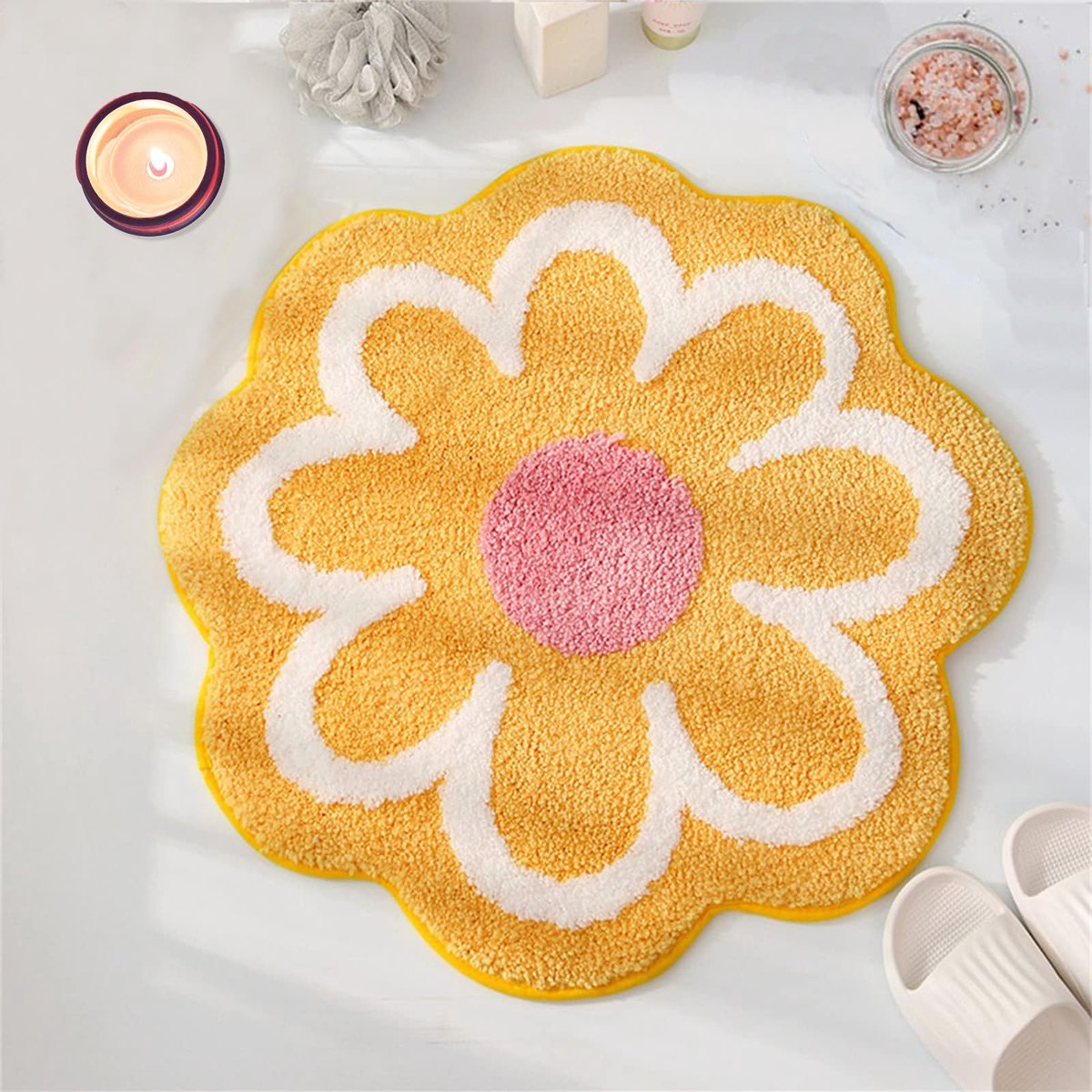 Badkamerkleedje/badmat tapijt - Badmat - Badkamermat Bloem - Antislip Microvezel Badmat - Zachte Badkamerkleed - Wasbare Douchemat 40 x 40 cm - Geel