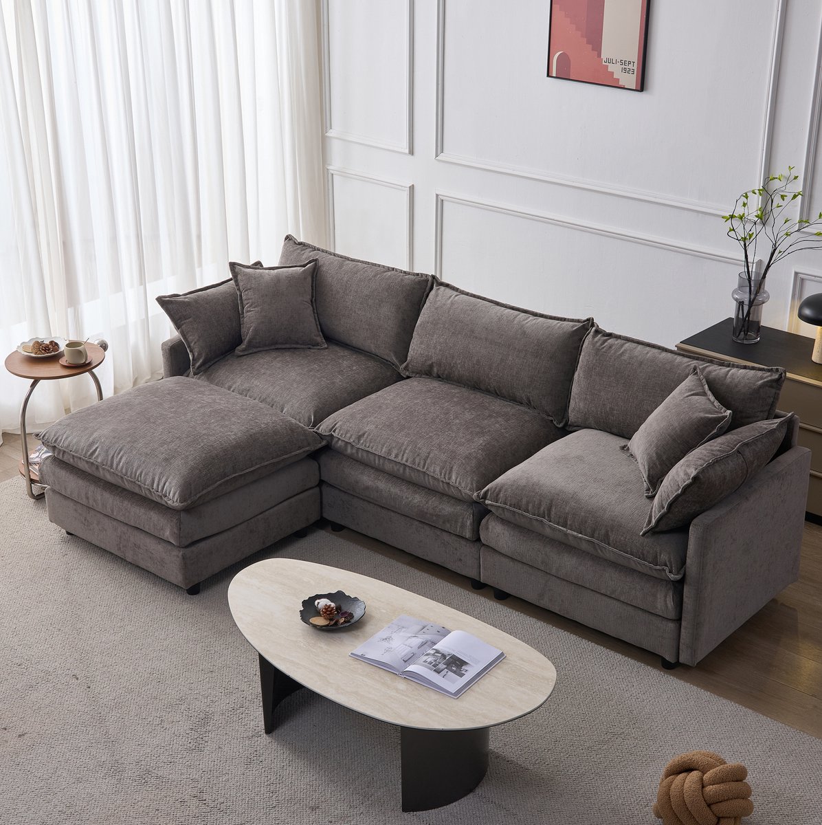 MEUNIQ grijze hoekbank 3-zits met hocker, modulair L-vormig ontwerp, chenille bekleding, afneembare hoezen, voor woonkamer en lounge Grijs