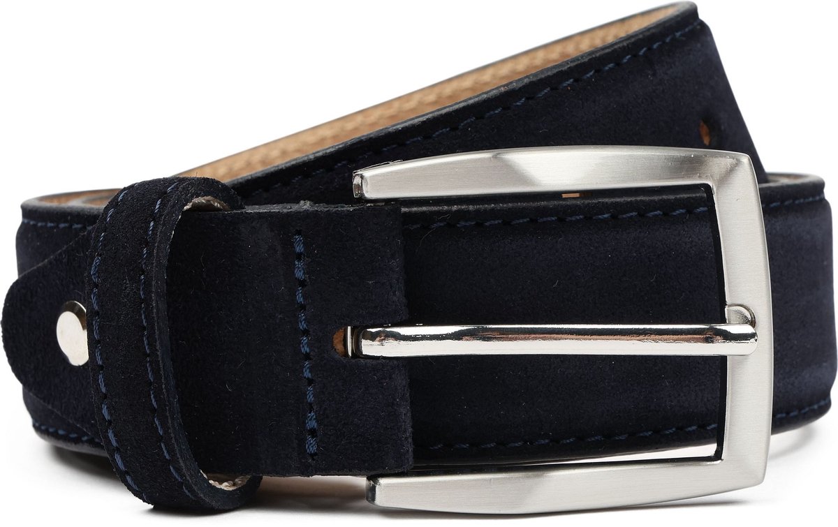 Suitable Riem Suede Donkerblauw (navy) - Maat 95 - Heren leren broekriem / broeksriem - Ceintuur - Riem formeel