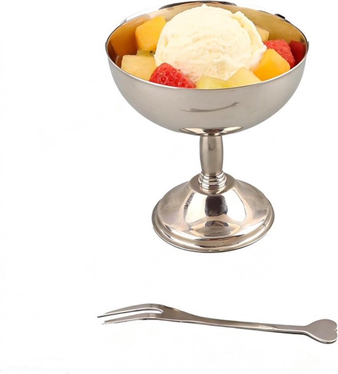 Retro IJsbeker van Roestvrij Staal voor Desserts, Salades en Puddingen met Lepel of Vork (11 cm) - Duurzaam, Stijlvol en Perfect voor Feestjes