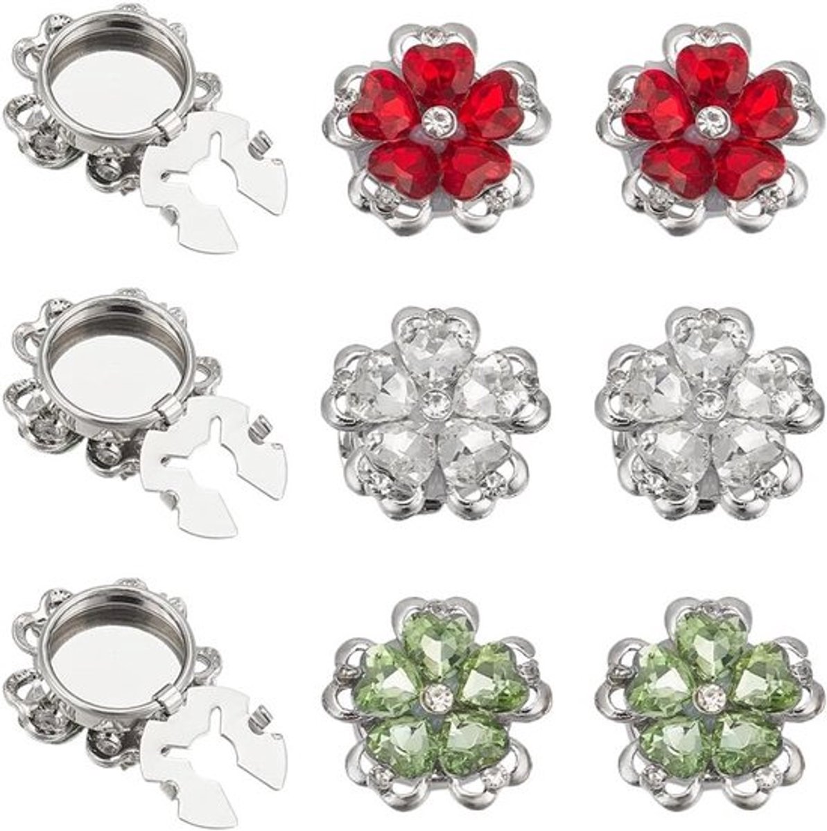 6 Stuks 3 Kleuren Bloem Motief Strass Knopen Covers, 25mm Decoratieve Afneembare Clip-on Knopen voor Kleding DIY, Rood/Groen Accessoires