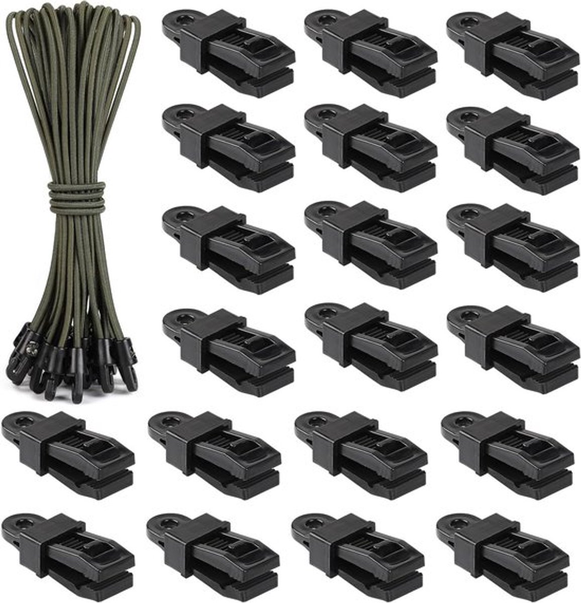Pack van 20 Stretch Rubbers en Clips voor Tarpaulins - 25 cm Groene Expander voor Tenten, Netten en Banners, Ideaal voor Kamperen en Trailers