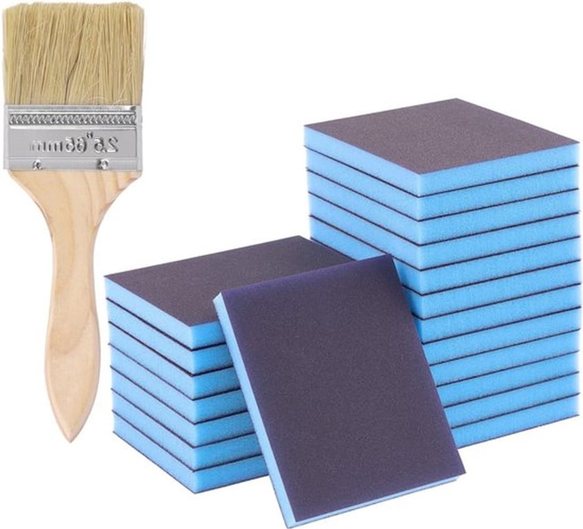 Set van 21 schuurpads met korrelgrootte 220, herbruikbare en wasbare schuurblokken voor hout, metaal en gipsplaat, inclusief 1 borstel
