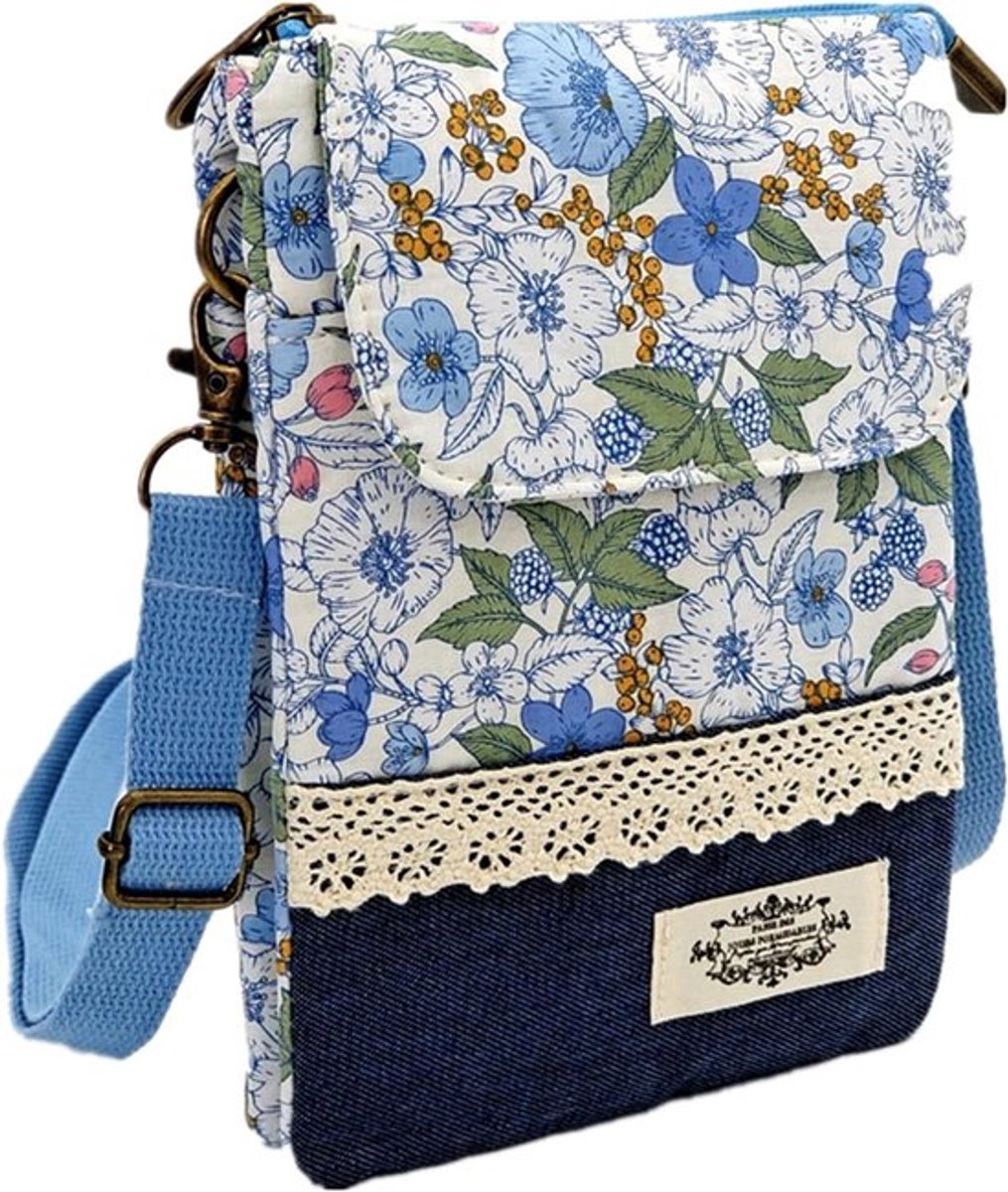 Mini-crossbody tas voor mobiele telefoon met verstelbare schouderriem, katoen, ideaal voor winkelen, vergaderingen en wandelen - blauw